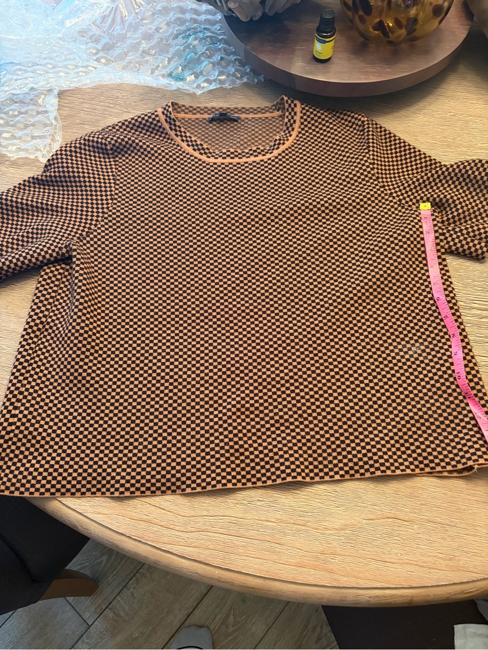 Adrianna Papell Brown and Black Checked Crewneck Sweater